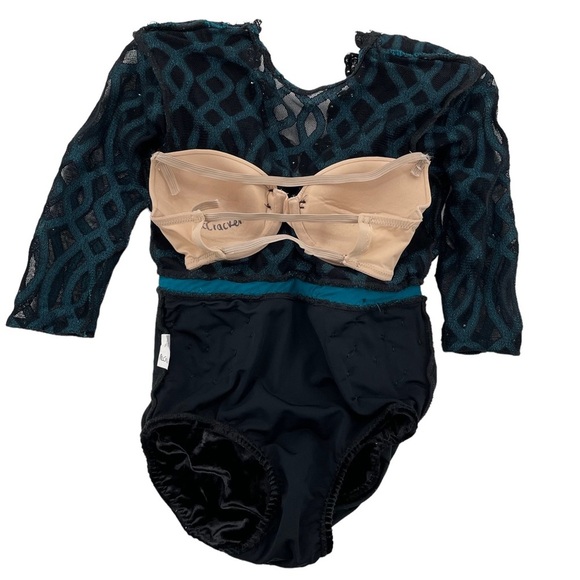 Competition Dance Solo Costume Black Velvet Leotard Teal Accent Rhinestones AXXS - Picture 13 of 14